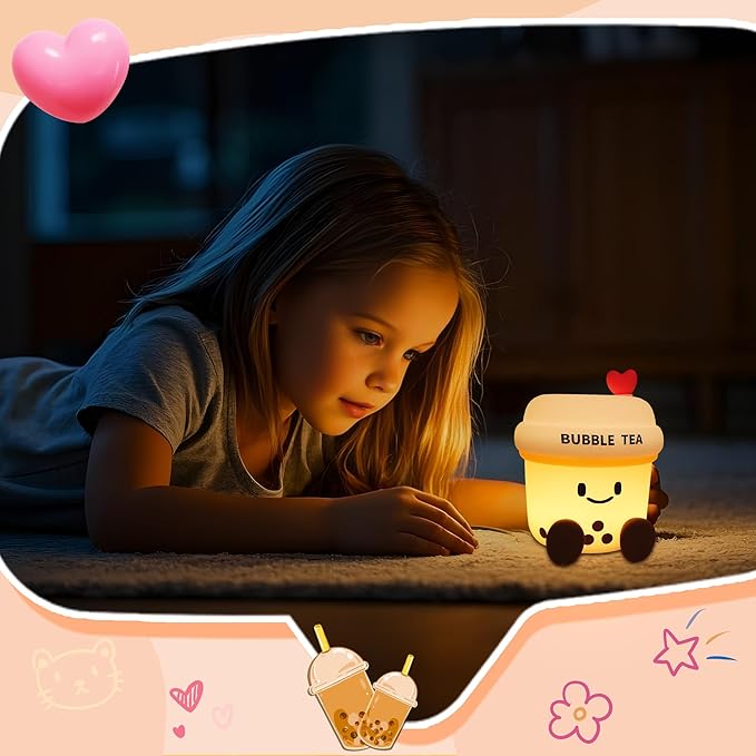 YuanDian Boba Bubble Tea Night Light, Cute Silicone Lamp Gift for Kids Girls Boys, Bedroom Decor for Christmas Birthday - Toddler Safe Kids Room Accessories