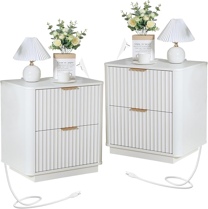 Fluted Nightstand Set of 2, Wood End Table with Charging Station, 23" Modern Night Stands with 2 Drawers, White Bedside Table for Bedroom