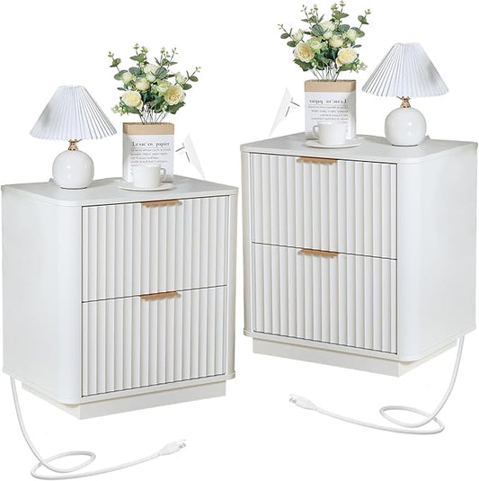 Fluted Nightstand Set of 2, Wood End Table with Charging Station, 23" Modern Night Stands with 2 Drawers, White Bedside Table for Bedroom