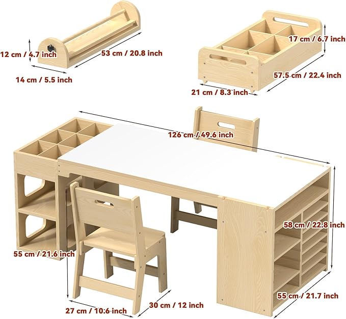 50″Lx22″W Kids Art&Craft Table and 2 Chairs Set, Portable Supply Organizer and Paper Roll Dispenser, Art Desk and Craft Table for Kids, Toddler Activity and Coloring Tables with Storage(White)