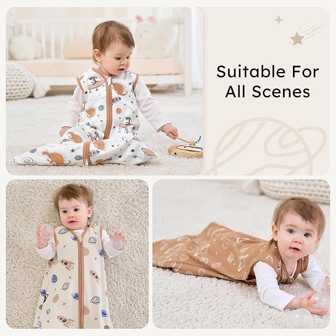Baby Sleep Sack 12-18 months, 100% Cotton Sleeping Sack for Newborn and Infant, 3 Pack Baby Wearable Blanket for Boy and Girl, 0.5 Tog Lightweight Double Zipper Sleep Bag Coffee Dinosaur Planet