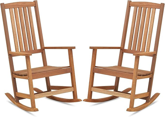 Giantex Outdoor Rocking Chair, High Back Patio Rocker w/Armrests, Hardwood Lounge Rocking Chair with Smooth Rocking Base & Slatted Design, Wood Porch Rocker for Backyard, Poolside (2, Natural)