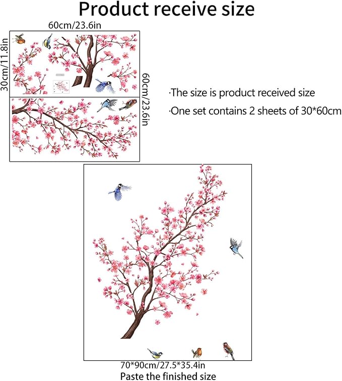 Pink Blossom Tree Wall Decals Birds on Branch Wall Stickers Pink Floral Wall Decor Flower Wall Decals for Bedroom Living Room Girls Room Nursery Office(Pink Blossom Tree)