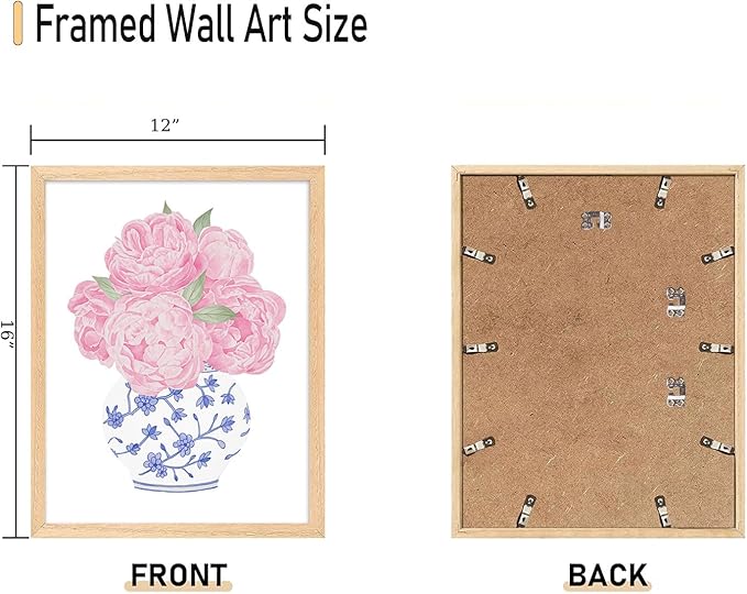 CHMMART 3 Piece Pink Floral Framed Wall Art Blue and White Chinoiserie Flower Canvas Art Prints Peony Pictures Wall Decor Painting Artwork for Living Room Bedroom Bathroom 12x16in