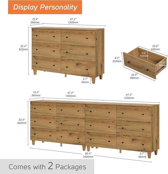 WAMPAT 12 Drawer Wood Dresser for Bedroom, 2-in-1 Extra Wide Chest of Drawers, Modern Storage Organizer Units with Solid Wood Legs for Closet, Living Room, Kids Room, Nursery, Oak Brown, 94.4"