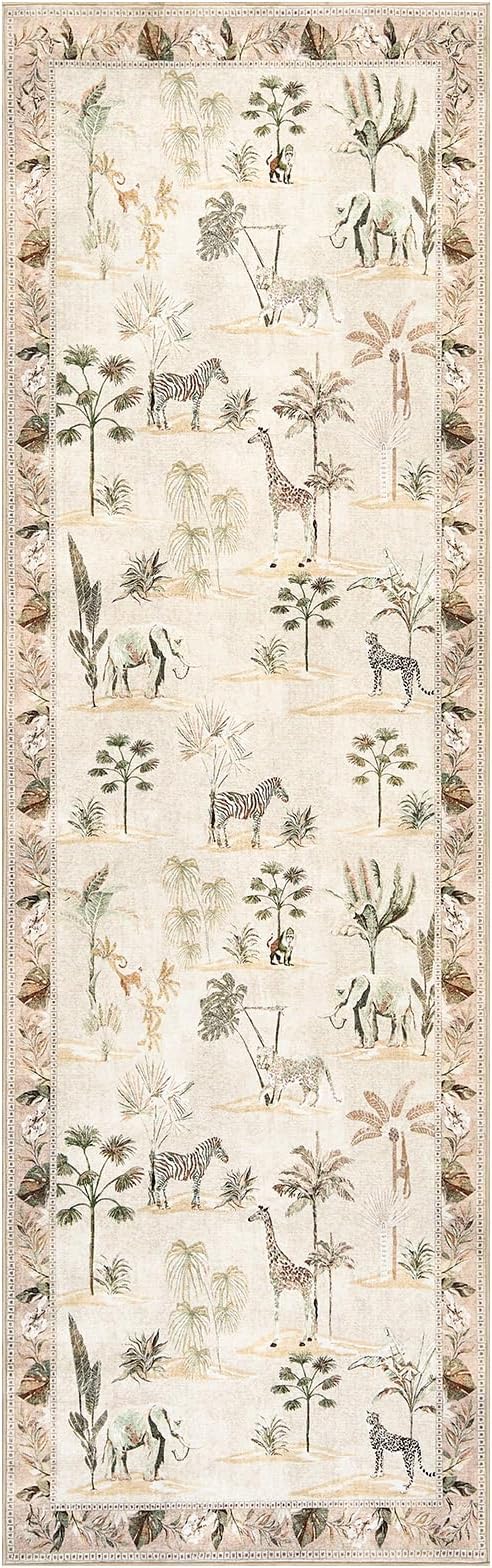 jinchan 3x10 Runner Rug Beige Jungle Animals Print, Modern Hallway Washable Runner Rug Kitchen Ultra-Thin Low-Pile Non-Slip Soft Botanical Accent Carpet for Bedroom Living Room Laundry (3'x10', Beige)