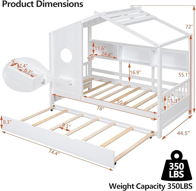 Harper & Bright Designs Twin House Daybed with Trundle & Storage Shelf, Twin Montessori Bed with Roof for Boys, Girls, Wooden Platform Bed Frame for Kids, White