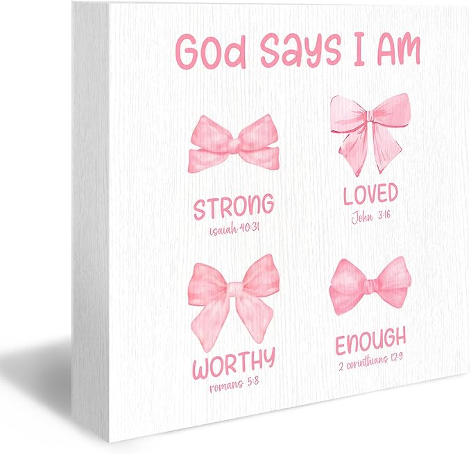 Preppy Coquette Bow Christian Wood Box Sign - Bible Verse Desk Shelf Decor, Coquette Room Decor, Pink Inspirational Christian Wooden Block Plaque Box Sign for Girl Room Nursery Dorm Decorations