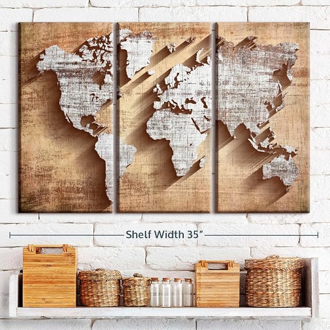 ElephantStock Dimensional World Map II Multi Piece Canvas - 3 Piece Canvas World Map Wall Decor - Wall Decor Ready-to-Hang Print - Vintage Wall Art - 33" X 20"