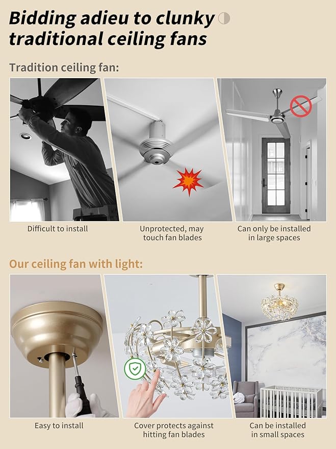 20" Gold Crystal Fandelier Ceiling Fan with Light, Mid-Century Flower Chandelier Ceiling Fan with Light Remote Control, Modern Caged 6 Speeds for Bedroom, Nursery, Foyer, Living Room