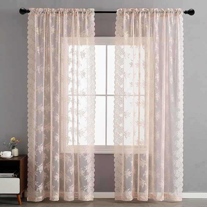 Kotile Blush Sheer Curtains 90 Inch Length 2 Panels Cottagecore Floral Coquette Curtains for Bedroom Living Room, Rod Pocket Light Filtering Privacy Lace Window Drapes, 52 x 90 Inch, Blush Pink