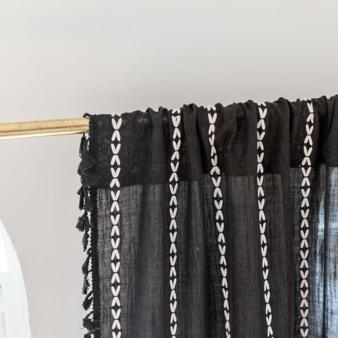Deeprove Black Boho Curtains 108 inches Long for Bedroom Living Room, Vintage Bohemian Style Embroidery Stripe Tassel Farmhouse Cotton Linen French Door Window Treatments Decor, W52 x L108, 1 Panel