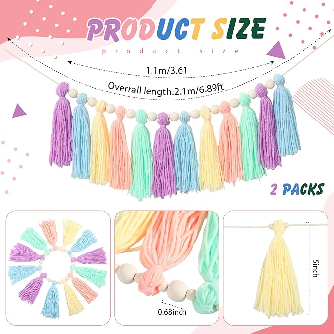 2 Pcs Tassel Garland with Wood Beads, Handmade Cotton Yarn Wall Hanging Banner Boho Tassel Wall Hanging Party Decor for Nursery, Birthday Baby Shower Home Classroom Decoration(Macarons)