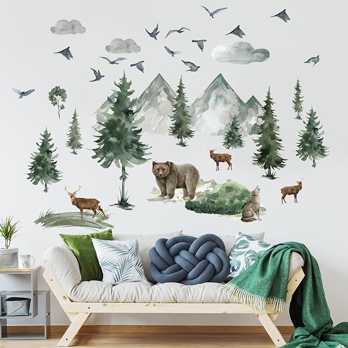 Woodland Nursery Wall Stickers Watercolor Mountain Tree Wall Decal Jungle Trees Animals Home Decals Sticker DIY Cartoon Deer Bear Wolf Forest Animal Home Sticker for Kids Room Bedroom Nursery Decor