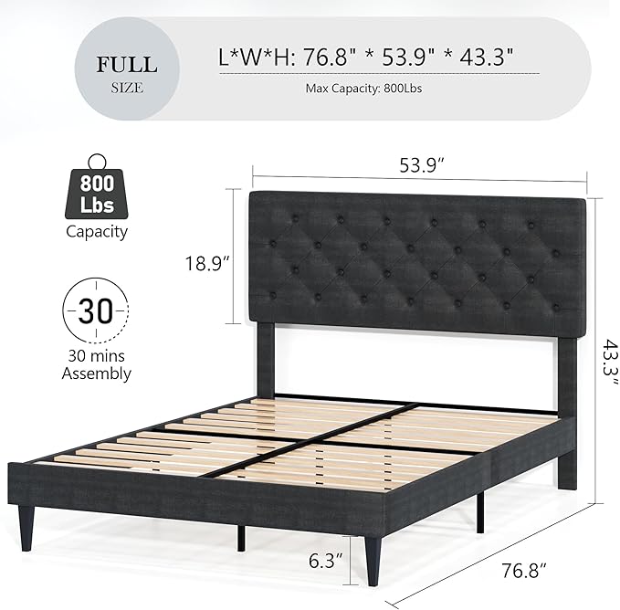 Full Size Bed Frame with Headboard, Upholstered Platform Bed with Adjustable Button Tufted Headboard, Fabric Bed Frame with Wooden Slats Support, No Box Spring Required, Easy Assembly, Dark Grey