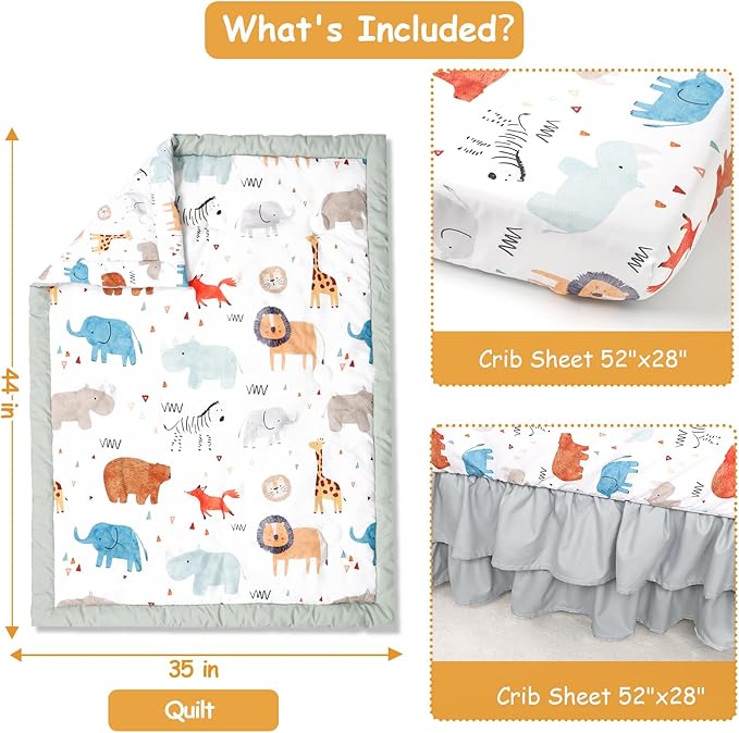 Baby Crib Bedding Set for Girls Boys, Soft Bedding Set with Comfort, Crib Skrit, Crib Sheet, Infant & Toddler Nursery Bed Set, Animal