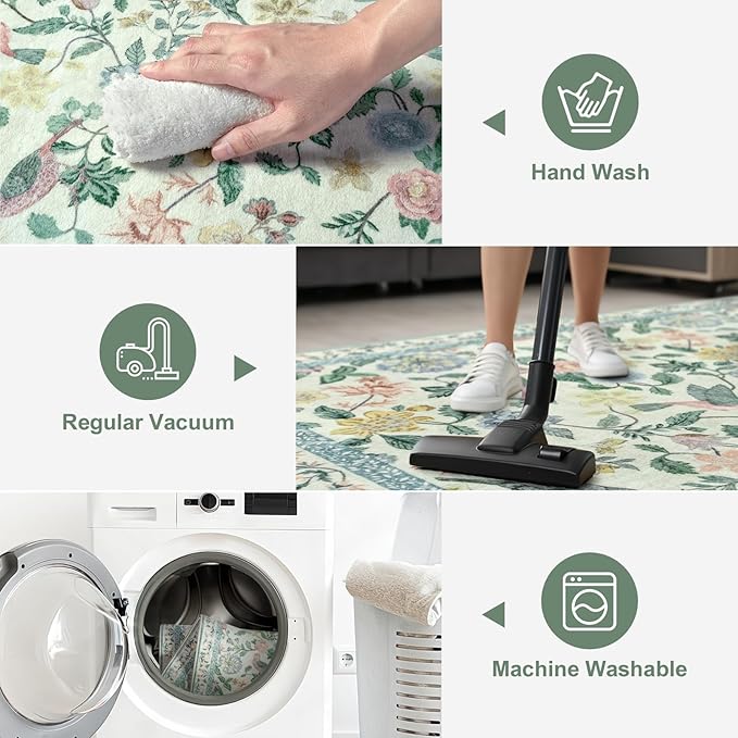 Green Floral Runner Rug, 2x6 Washable Rug Runners for Hallways Non-Slip, Soft Low Pile Flower Birds Long Bathroom Mat Botanical Throw Carpet for Kitchen Laundry Entryway Porch