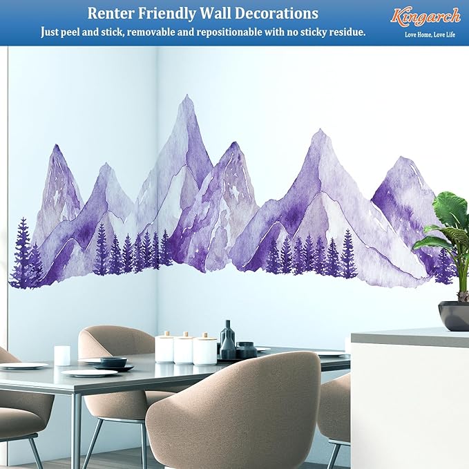Large Mountain Wall Decals, Purple Pine Tree Peel and Stick Vinyl Wall Stickers & Murals, Removable Home Room Wall Decor for Bedroom Living Room Bedroom Classroom Office Nursery