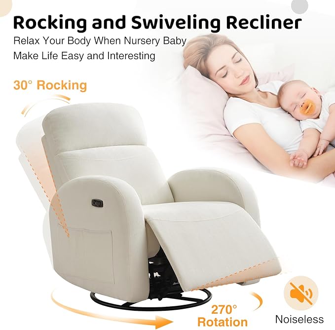 Power Nursery Glider Recliner, Chenille Electric Rocker Recliner with Type-C & USB Port, Nursery Swivel Rocker Recliners with Double Pockets for Adult, Cream White