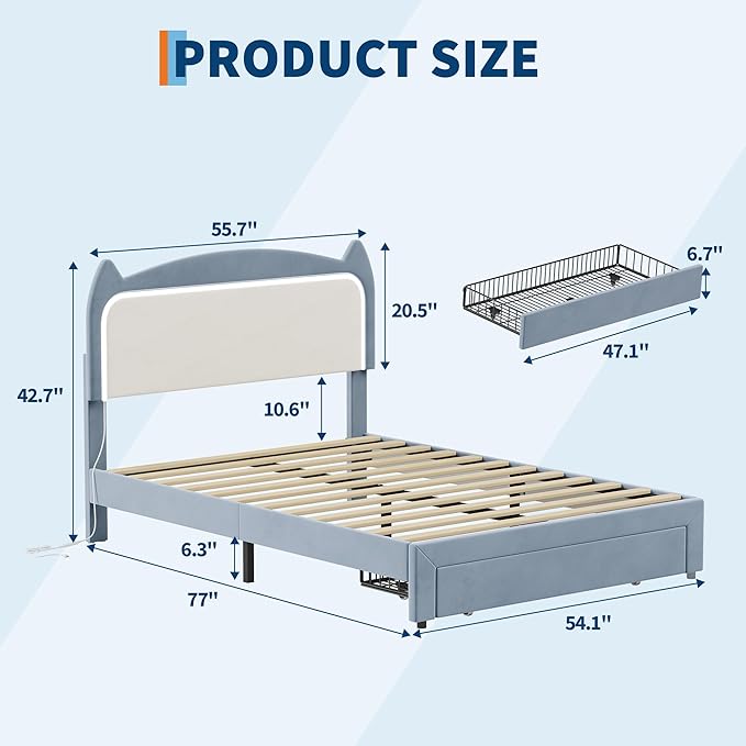 Garvee Full Upholstered LED Bed Frame with Storage Drawer & Cute Cat Headboard, Velvet Princess Platform Bed Frame with Sturdy Wood Slats Support for Girls/Kids, No Box Spring Needed, Blue