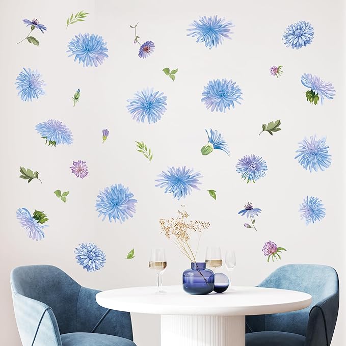 Daisy Flowers Wall Decals, 32 Pcs Blue Floral Leaves Wall Stickers, Bedroom Living Room Girls Nursery Room Wall Art Decor