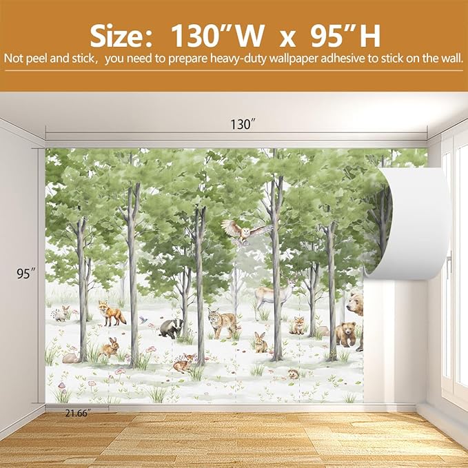 Kids Wallpaper Green Forest Animal Wall Mural for Children's Room Nursery Bedroom（Not Peel and Stick）