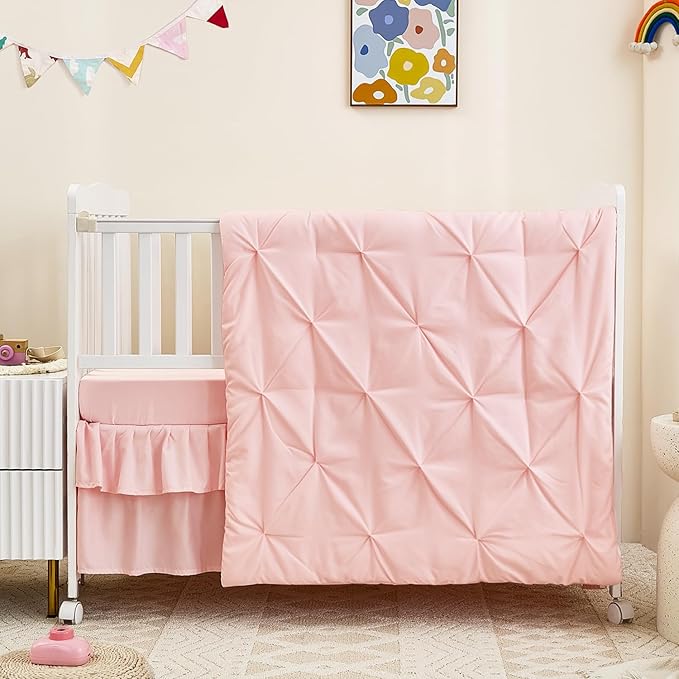 3-Piece Pink Crib Bedding Set for Girls - Ultra Soft & Skin Friendly Baby Girl Bedding Crib Set Includes Crib Comforter, Sheet & Skirt (Light Pink)