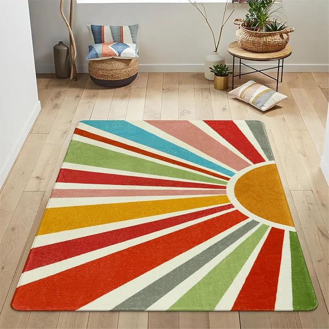 STARUIA Boho Washable Rug 4'x6' Kids Area Rug for Playroom, Non-Slip Kids Rug for Bedroom, Rainbow Modern Sun Carpet Soft Throw Sunshine Rugs for Office Nursery Entryway Dorm