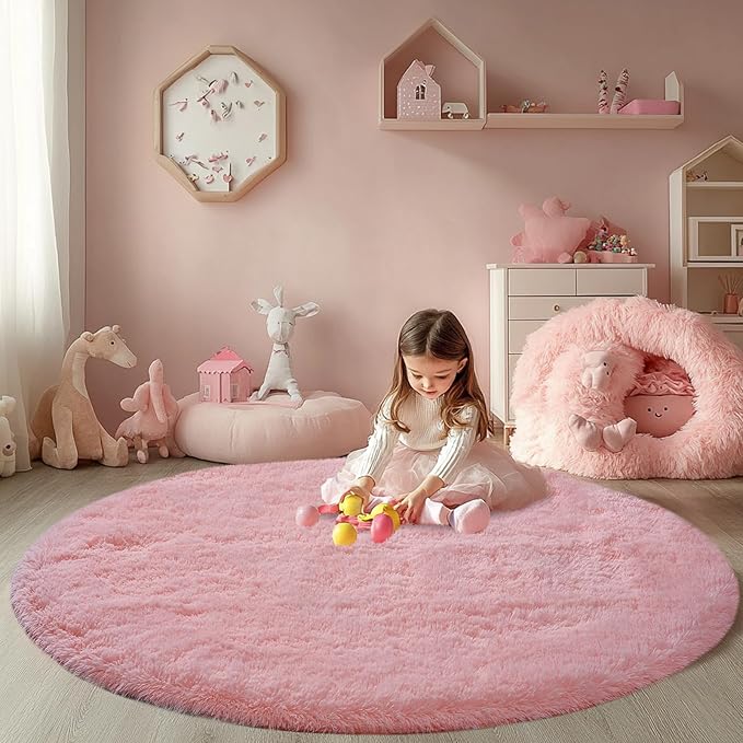 Round 5x5ft Fluffy Blush Rug: Ultra Soft Furry Girls Bedroom Carpet- Circle Plush Shag Nursery Rug for Girls Room & Kids Room- Blush Plush Area Rugs for Bedroom, Living Room, Home Decor