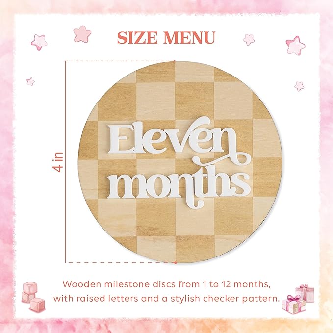 Wooden 3D Baby Monthly Milestone Cards Monthly Milestone Discs Newborn Photography Props Baby Announcement Sign Baby (Checkered)