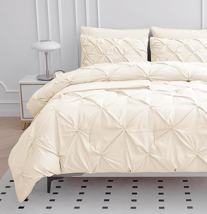 LANE LINEN Twin XL Comforter Set – 5 Piece Bed in a Bag – Pinch Pleated Twin XL Size Bedding Set with Comforter, Flat Sheet, Fitted Sheet, Pillowcase & Sham – Soft Pintuck Bed Set - Ivory