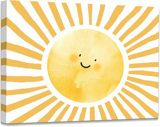 WODMIS Boho Sun Shunshine Wall Art, Cute Cartoon Smiling Watercolor Neutral Canvas Home Decor for Kids Baby Room Nursery Playroom, Yellow 11x14