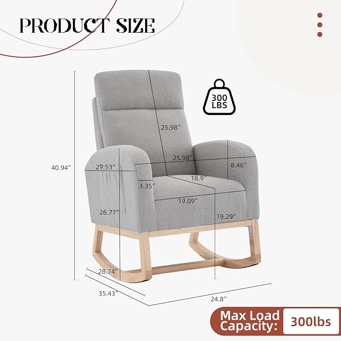 Rocking Chair Nursery, Modern Upholstered Glider Rocker with Side Pocket, Upholstered Lounge Chair with Solid Wood Base for Relaxin, for Living Room, Bedroom