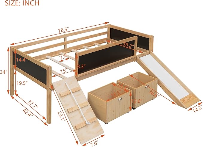 Play Fun Design Twin Size Loft Bed with Slide and Rope Climbing Ladder for Kids Boys Girls, Solid Wood Loft Bed Frame with 2 Storage Boxes and Double-sided Chalkboard, Sturdy Slat Support (Natrual-2)