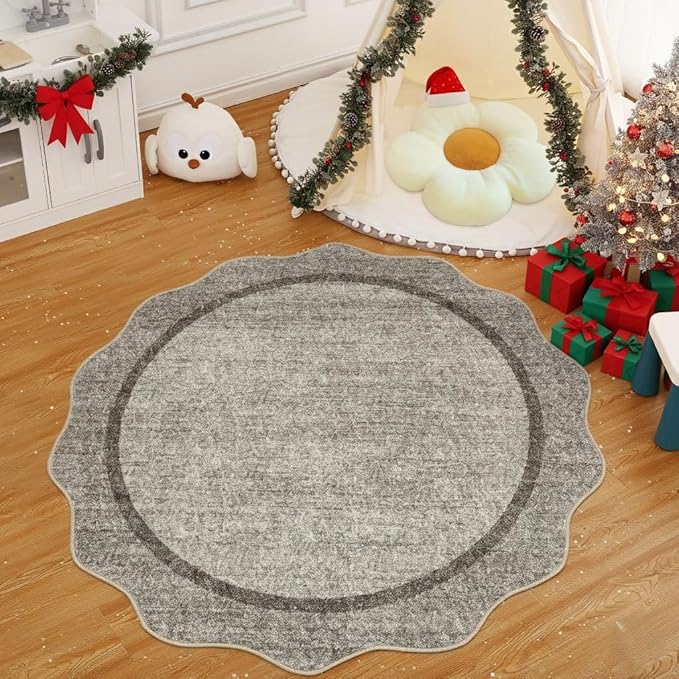 GarveeHome Scalloped Washable Round Rugs, Non-Slip Soft Round Rug 4 ft Ultra-Thin, Small Boho Circle Stain Resistant Low Pile Carpet for Entryway Kitchen Bedroom Nursery Bathroom, Brown