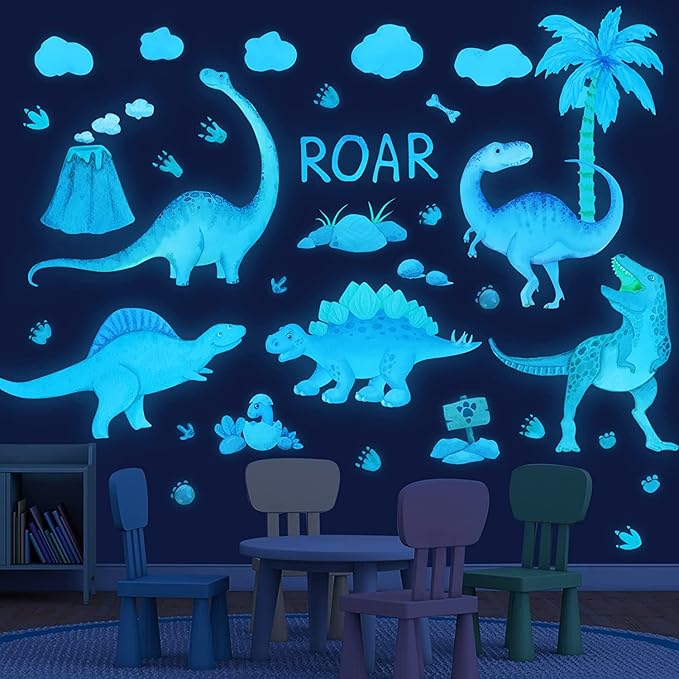 Sinekong Dinosaur Wall Decals Glow in The Dark Vinyl Watercolor Dinosaur Decal Large Removable Dino Wall Stickers for Boys Bedroom Kids Girls Baby Nursery Playroom Living Room Wall Decor