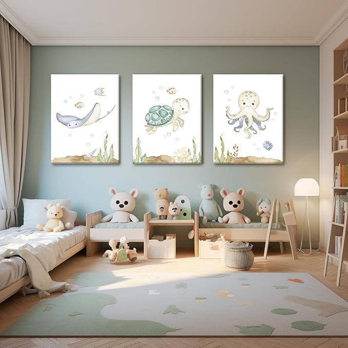 Wodkwq Ocean Nursery Decor, Set of 3, 16x24in Framed Canvas Prints, Under The Sea, Boys Room Sea Animal Wall Art
