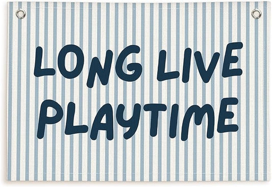 Lacama Playroom Decor, Play Room Wall Decor, Blue Long Live Playtime Linen Banner Wall Hanging, Boho Cute Banner Flag Decor for Nursery Boys Room 30x20 Inch
