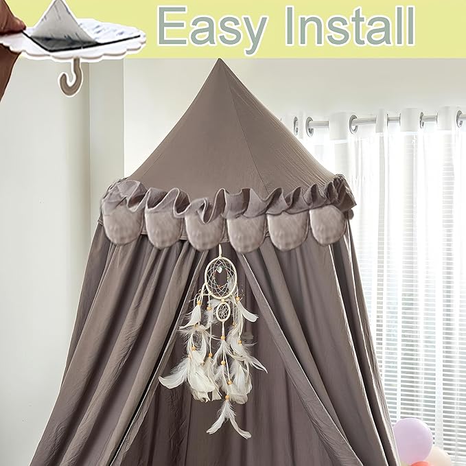 Kids Bed Canopy for Girls Room Canopy for Crib Nursery Blocking Light Hanging Reading Canopy (Ruffle Gray)