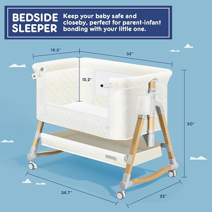 HARPPA Cuddly Bassinet, 3 in 1 Baby Bassinet, Rocking Bedside Bassinet with Wheels, 5 Height Adjustable, Includes Mosquito Net, Mattress, Anchor Strap