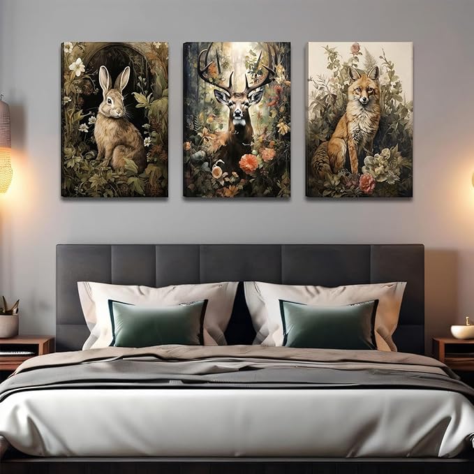 3pcs Vintage Forest Animal Canvas Wall Art Wild Animal Deer Rabbit Fox Paintings Pictures Dark Academia Wall Decor Gothic Botanical Posters Print Artwork for Living Room Office Decor 16x24in