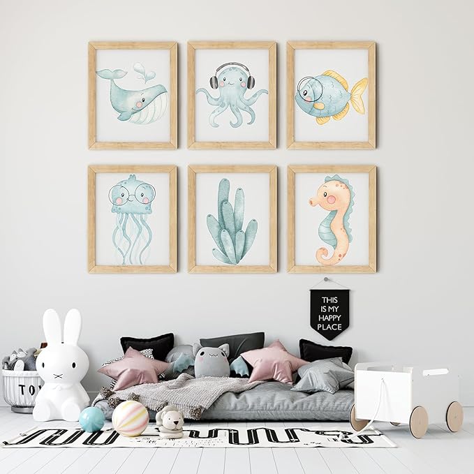 Blue Watercolor Nursery Wall Art Posters Set of 6 Ocean Animal Canvas Art Prints Pictures Sea Whale Jellyfish Seahorse Wall Decor Paintings Nautical Beach for Baby Kids Room 8x10 Inch Unframed﻿