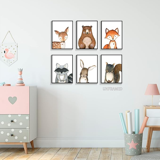 gooptyinh 6 Pieces Woodland Animals Nursery Canvas Wall Art Cute Safari Jungle Animal Deer Bear Bunny Pictures Room Posters Farmhouse Forest Theme Fox Squirrel Raccoon Prints Decor 12x16in Unframed