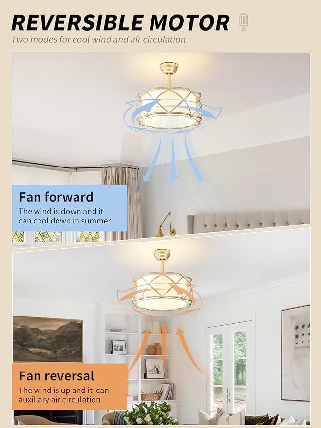 20" Gold Fandelier Ceiling Fan with Light, Fabric Boho Chandelier Ceiling Fans with Lights Remote Control, Mid-Century Modern Caged with 6 Speeds for Bedroom, Nursery