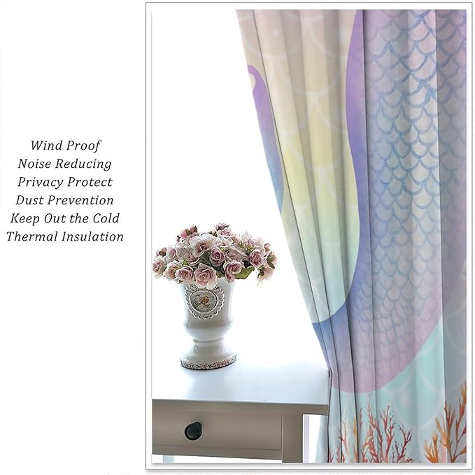Dream Mermaid Curtains Colorful Mermaid Fish Tail Scale Fantasy Ocean Theme Beautiful Kids Window Treatment for Girls Bedroom Nursery Room Decor Rod Pocket Window Drapes 42x45in