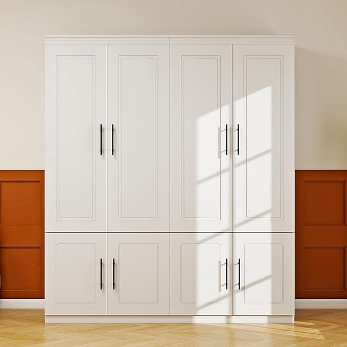 White Armoire Wardrobe Closet Cabinet: 4 Door Wood Wardrobe Closet Combination Cabinet Wooden Bedroom Armoire with Hanging Rods for Home/Bedroom/Living Room