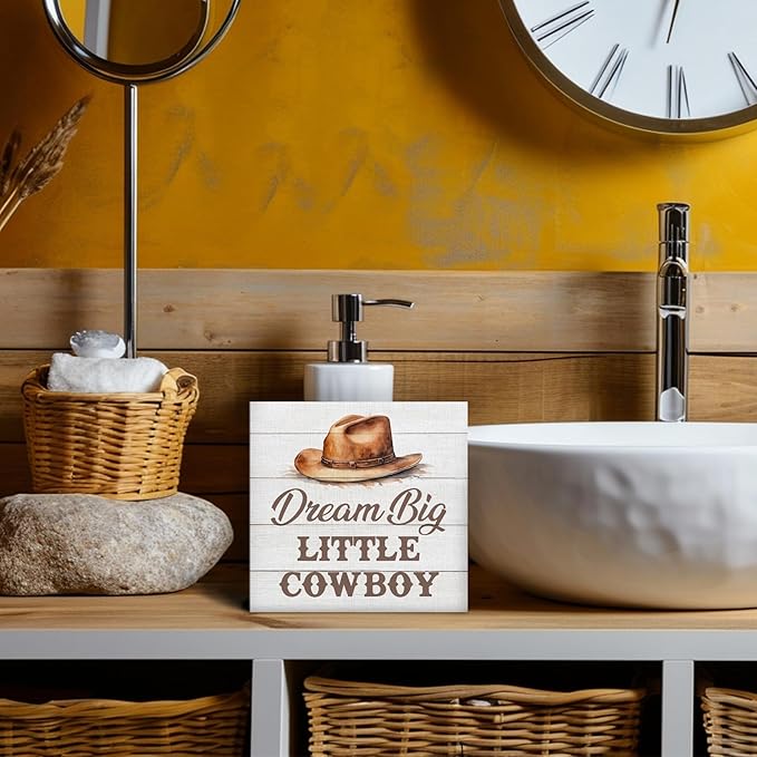 Western Cowboy Wood Box Sign, Dream Big Little Cowboy, Brown Wooden Block Plaque Box Sign, 5x5 Inches, Tabletop Decor