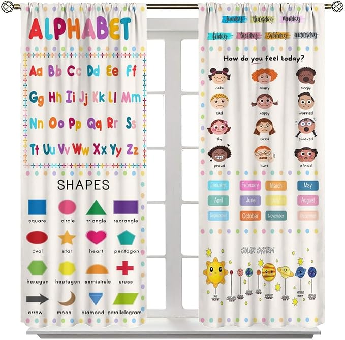 Kids Educational Alphabet Cartoon Curtain Solar System Shapes Cute Knowledge Printed Rod Pocket Window Drapes for Todders Nursery Baby Bedroom Living Room Decor 42" W X 45" L