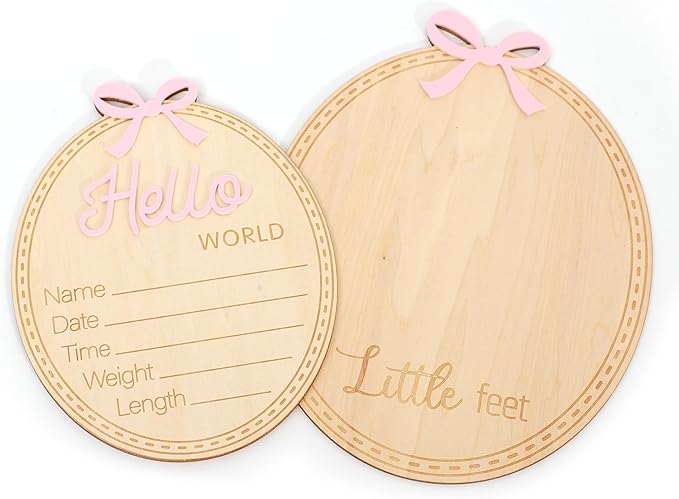 2pcs Wooden Bow Hello World/Footprint Sign - Bow Baby Girl Announcement Sign,Hello World Baby Girl Hospital Sign with Bow (Bow-2)