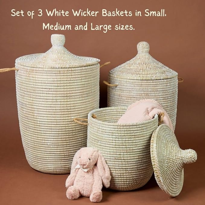 Wicker Basket, Storage & Organization, Home Decor, Laundry Hamper Bedroom, Baby Nursery Toys Bin, Blankets Storage Living Room, Bathroom Towels Holder, Woven, Round, Lid, Handles, White, Medium